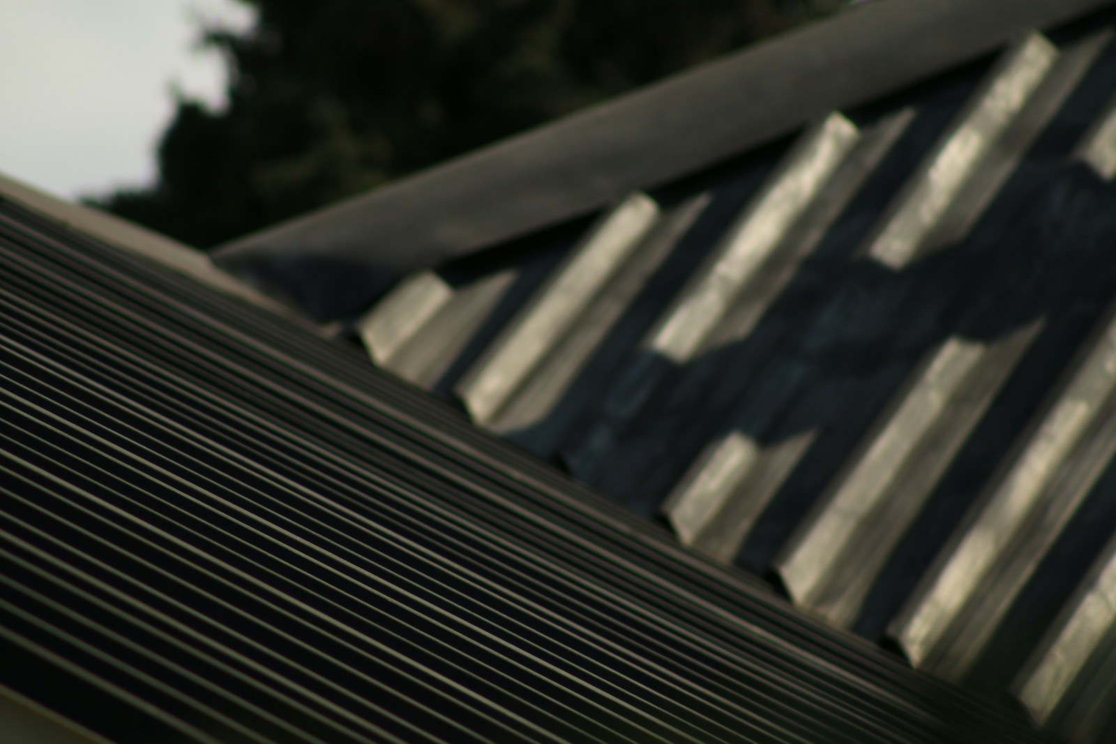a close up of a metal roof with a tree in the background